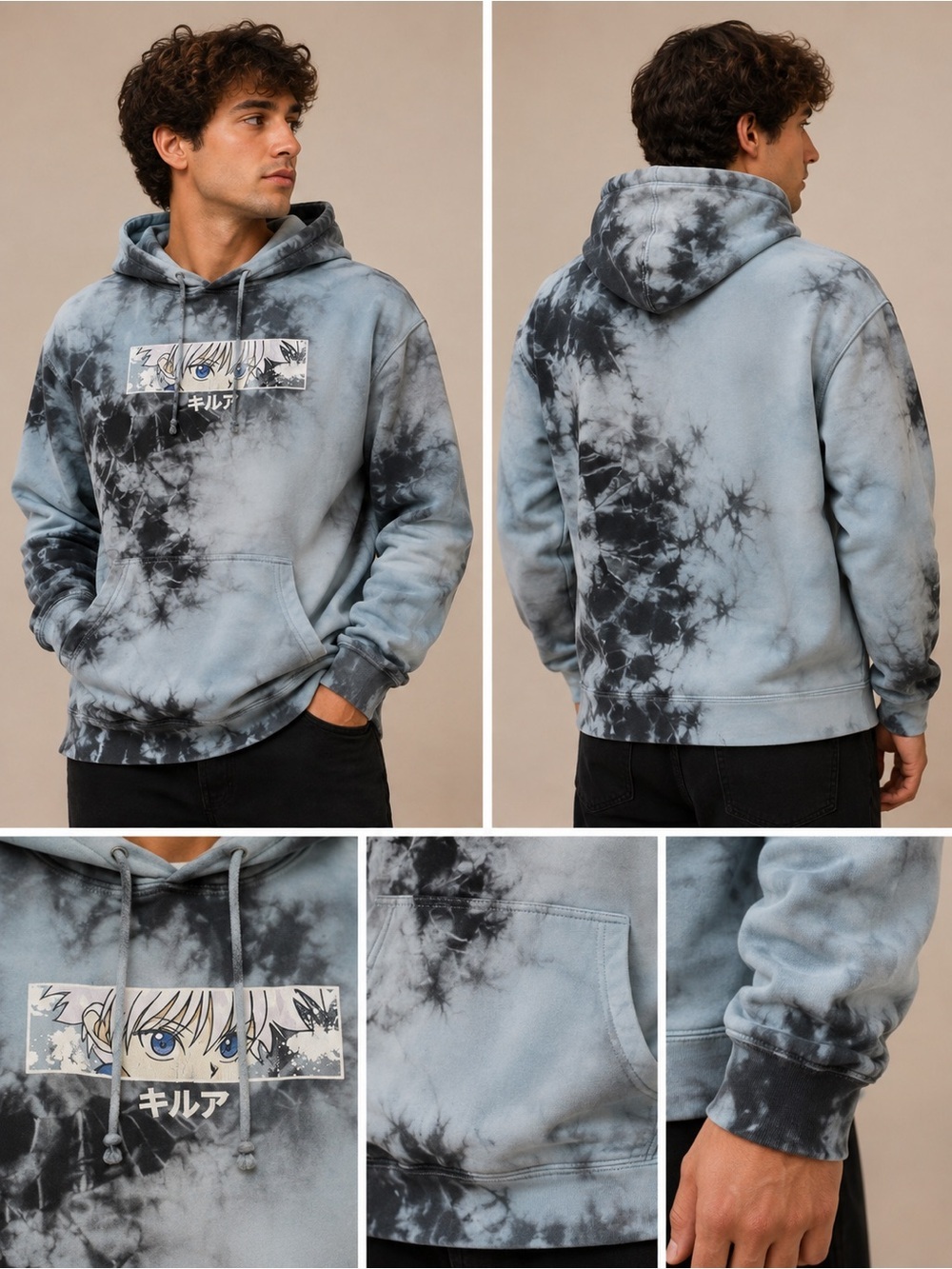 Tie-Dye Blue & Black Graphic Hoodie - Casual Pullover